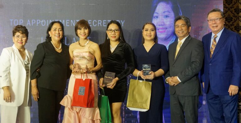 2019 Top Appointment Secretary is Nancy Miguel (background picture) who received her posthumous award represented by AD Jocelyn Bataller of Godsown Group (3rd from L). Second place is Elmer Panao (center) and third place is Jessica Rhea Ortiz (3rd from R).