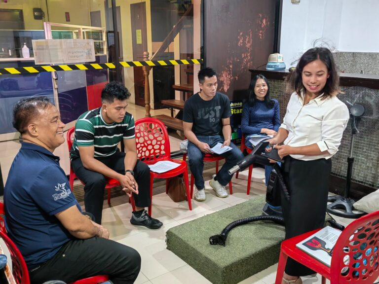 GM Victor Tuplano (1st L) leads Basic Training for new recruits from Rainbow Pacific Philippines. Rea Joyce Balbada (1st R), Joe-Art Ellema (2nd L), Julio Salamanca Jr. (M), and Luisa Albia (2nd R)