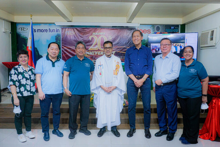 A Souvenir photo after the Holy Mass with guests and officers of Rainbow Pacific – Philippines: (L to R) MD Marison Neria, Hon. Jesse Cruz, former Vice Mayor of Mandaluyong City, SD Santi Dapul, Fr. George Saijumon, Atty Ed Castelo, ISC James Kiong and Finance Director Rose Dapul